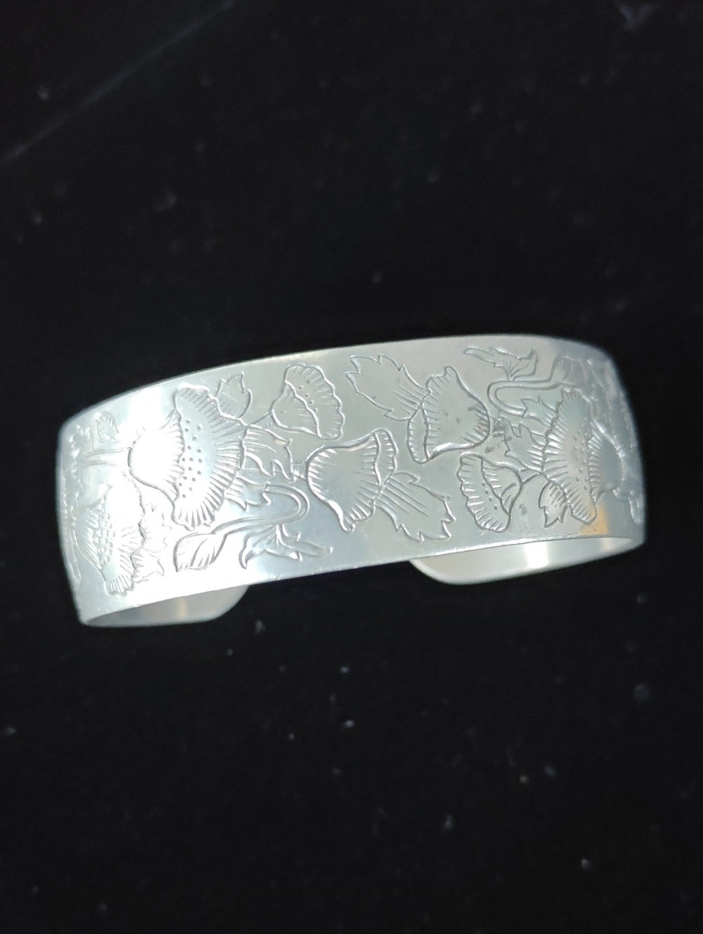 Pewter Engraved Cuff Bracelet With Poppy Flowers